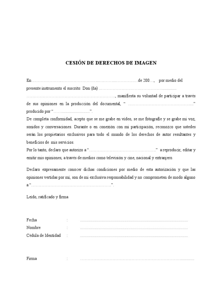 CESION DE DERECHOS DE IMAGEN PLANTILLA