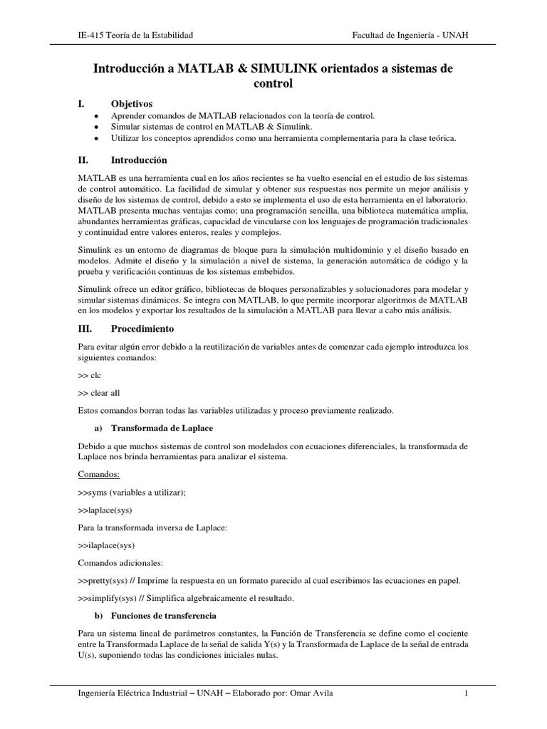 Introduccion A MATLAB para Sistemas de Control | Descargar gratis PDF ...