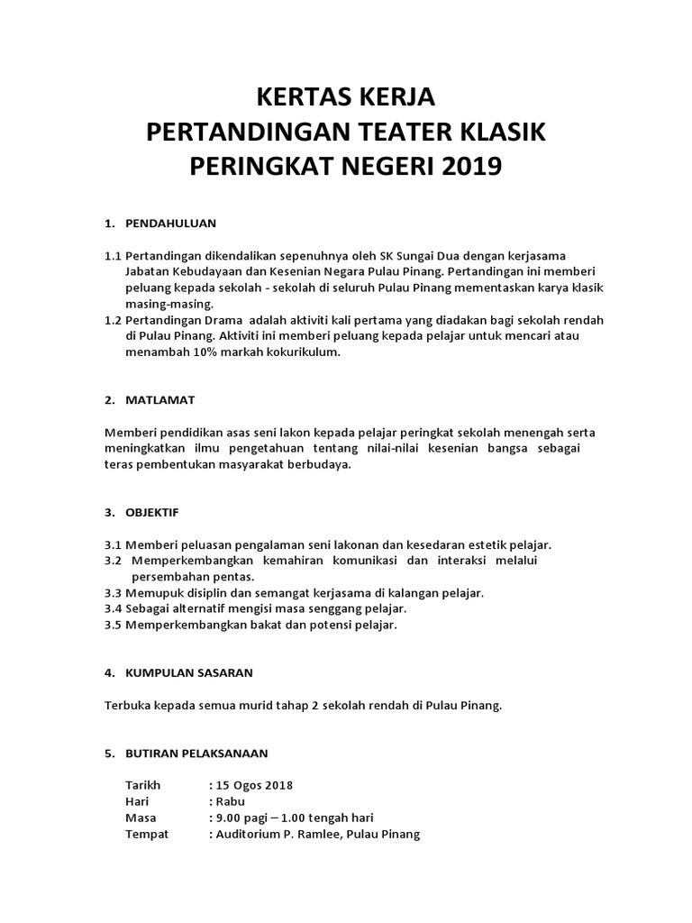 Kertas Kerja Pertandingan Teater Peringkat Negeri