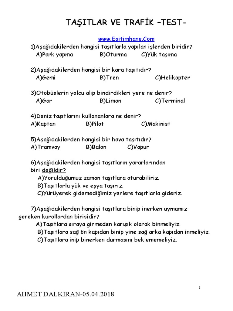 2 Sinif Hayat Bilgisi Tasitlar Ve Trafik Testi