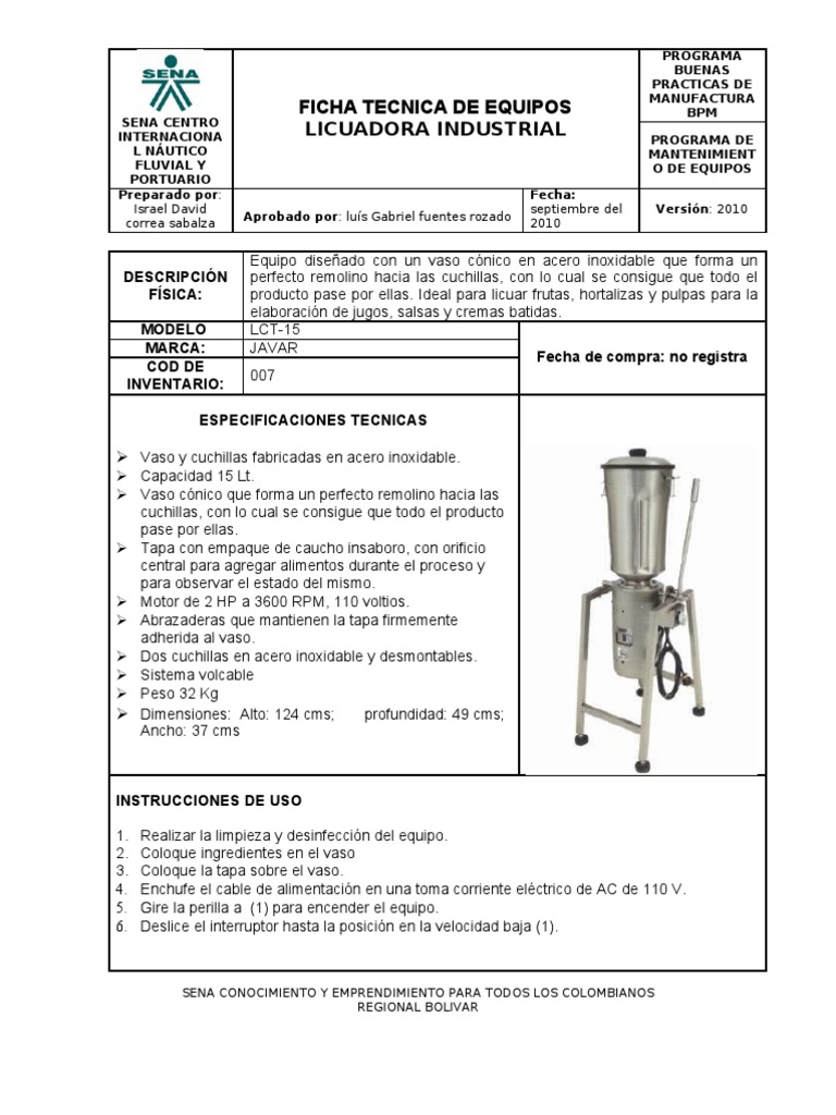 Ficha tecnica de la licuadora industrial  Soap