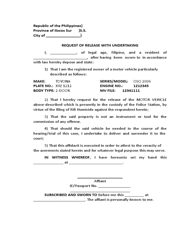 Request of Release Motor Vehicle With Undertaking | PDF