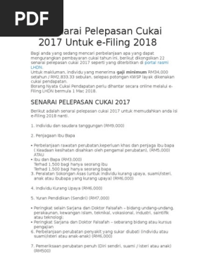 22 Senarai Pelepasan Cukai 2017 Untuk E Pdf