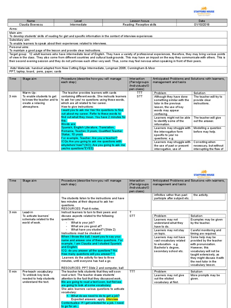 Lesson Plan Celta Reading Session Pdf Question Tutor