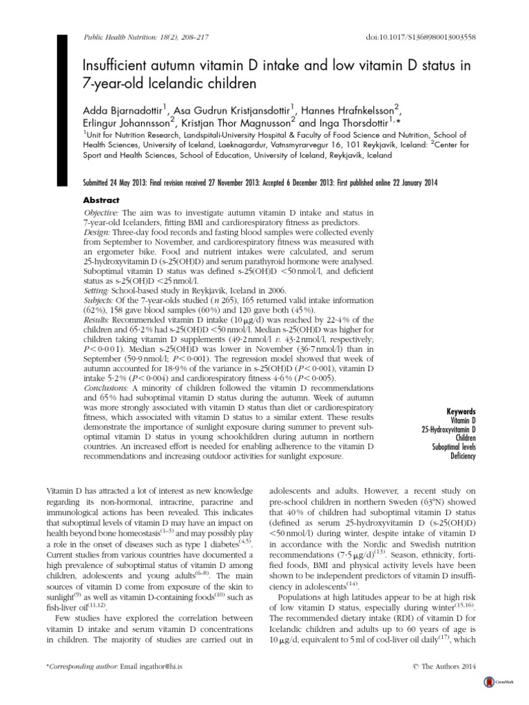Insufficient Autumn Vitamin D Intake and Low Vitamin D Status in 7yearold Icelandic Children