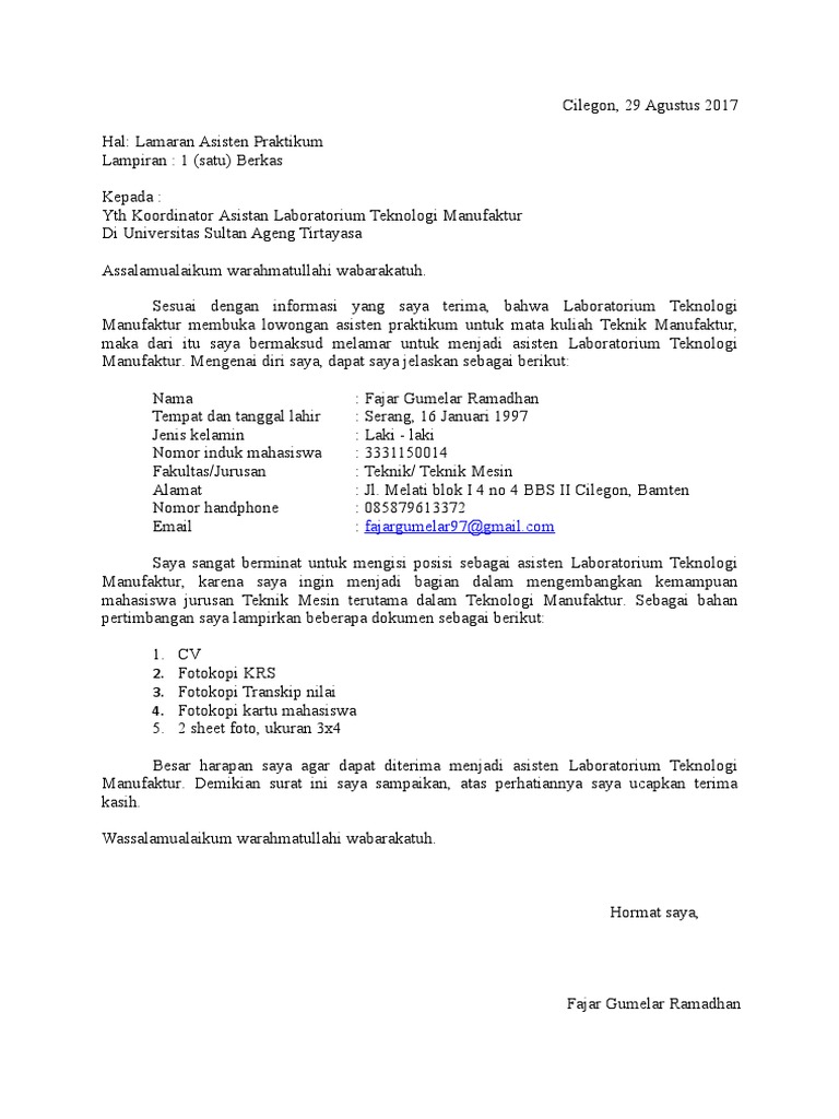 Surat Lamaran Asisten Praktikum | PDF