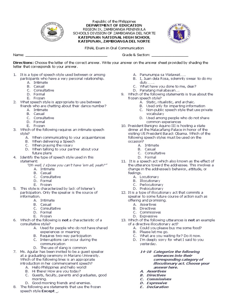 FINAL EXAM Exam in Oral Communication PDF Conversation Nonverbal