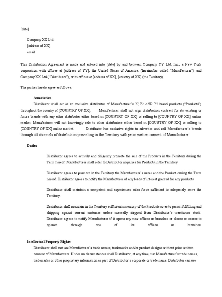 Exclusive Distribution Agreement Template | PDF | Bankruptcy | Law Of ...