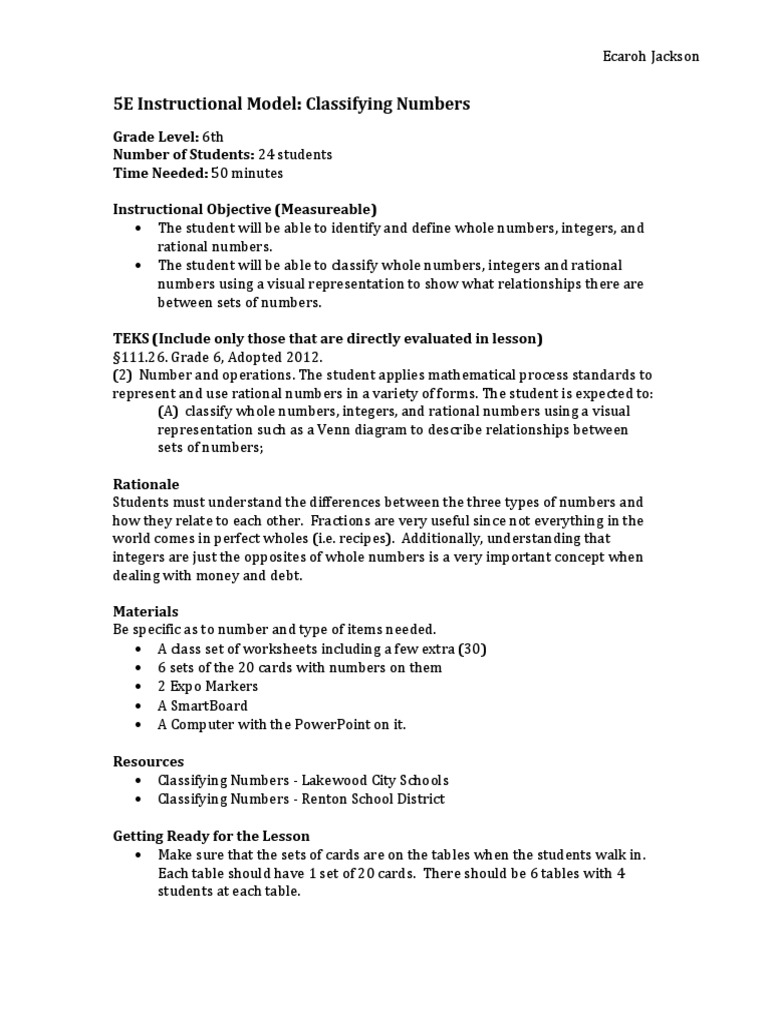 5E Lesson Plan: Classifying Numbers | PDF | Integer | Numbers