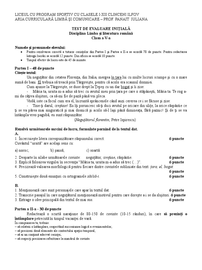 Test Initial Clasa 5 | PDF