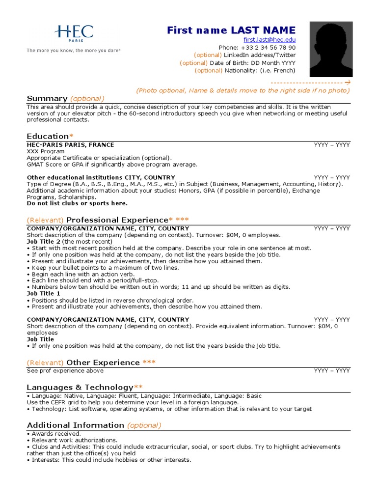 Resume Template HEC Paris PDF Master Of Business Administration