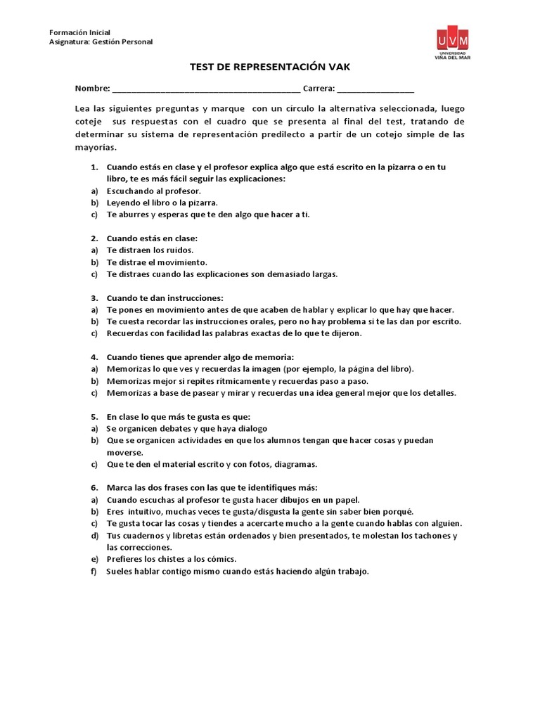 Test de Estilos de Aprendizaje VAK | PDF | Memoria | Aprendizaje