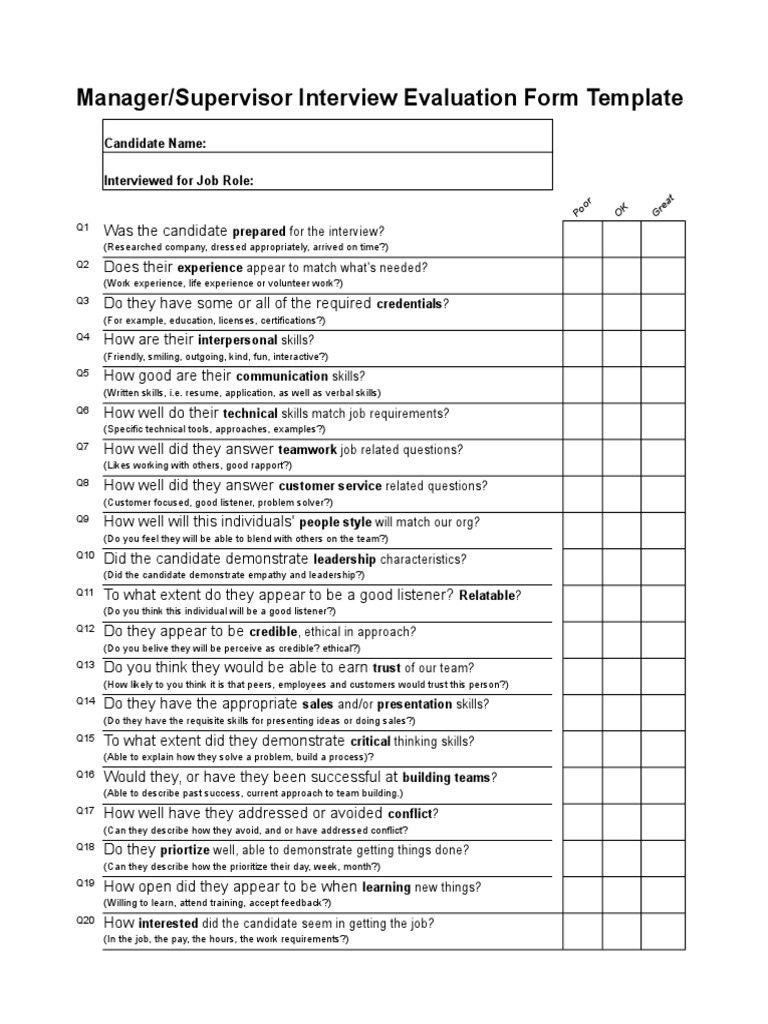 2a Manager Or Supervisor Interview Evaluation Form Template Action Philosophy Leadership