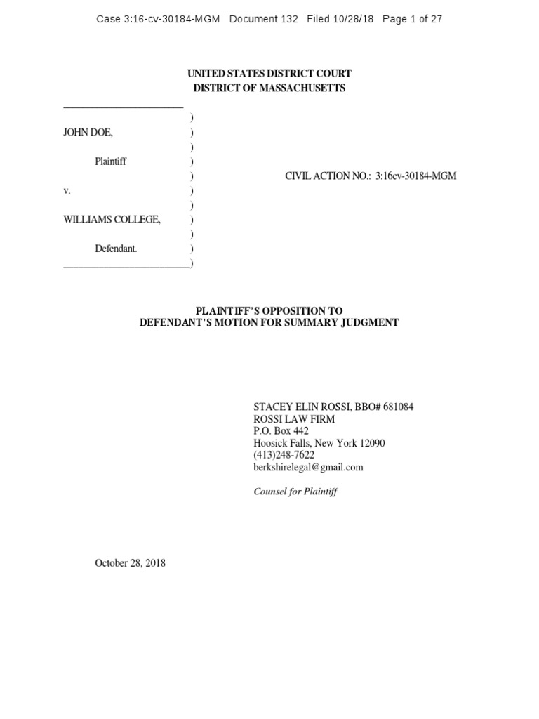 John Doe Opposition To Williams College Motion For Summary Judgment ...