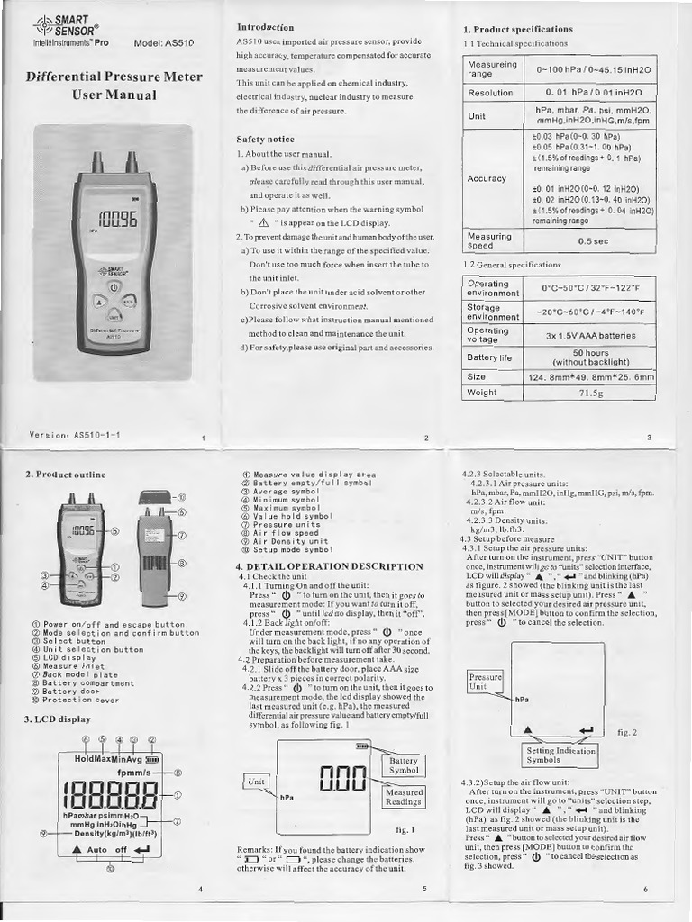 AS510 Differential Pressure Manometer PDF Pressure Measurement