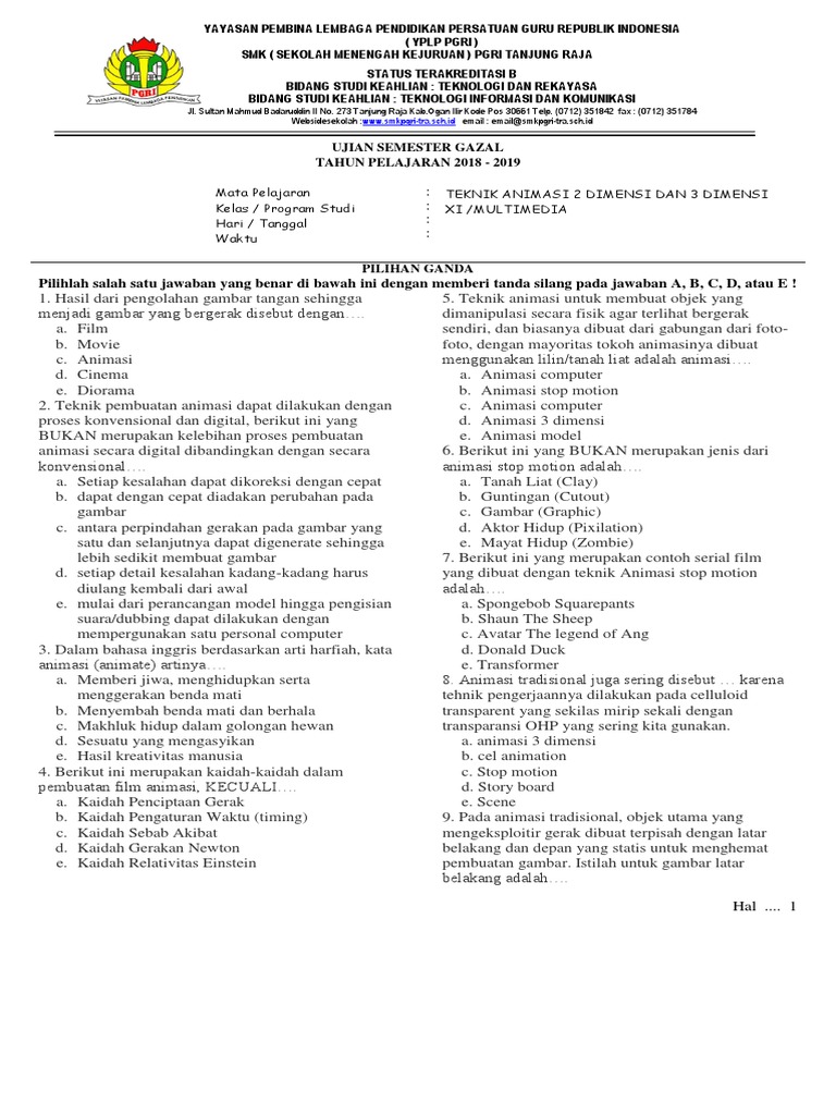 Soal Uh Kelas 11 Multimedia Teknik Animasi 2d 3d