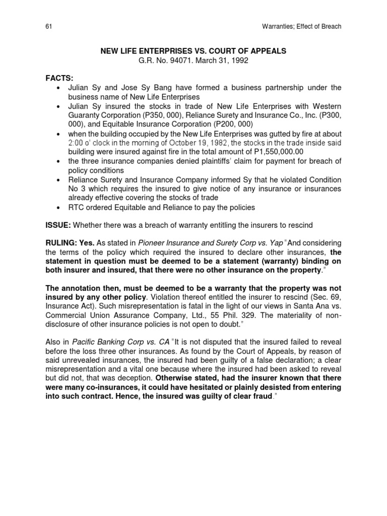 Effect of Breach of Warranty in Insurance Contracts PDF Misrepresentation Insurance