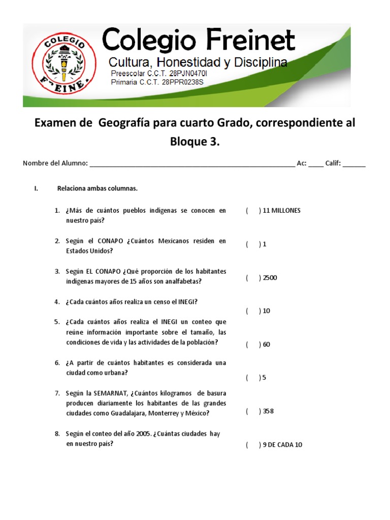 Examen de Geografía Cuarto Grado | PDF | Migración humana | Población ...