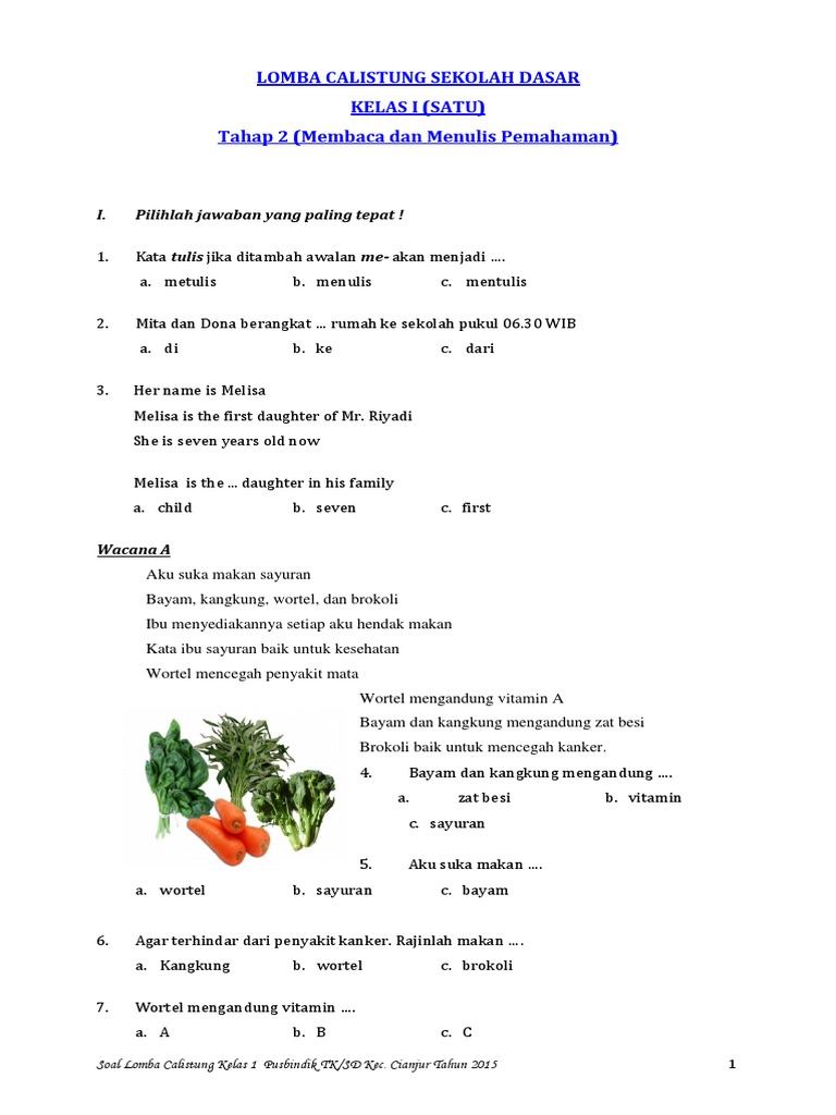 Contoh Soal Lomba Calistung Kelas 1 Sd 2021 Bahan Soal