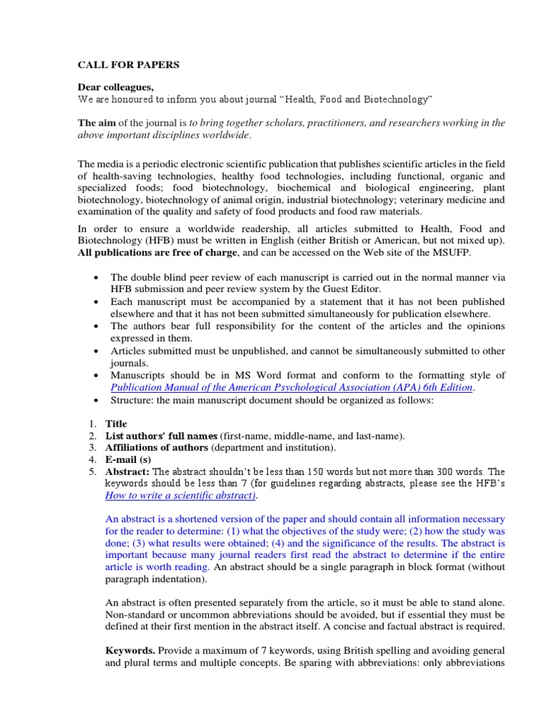 Call for Papers: Health, Food, and Biotechnology | PDF | Science | Survey