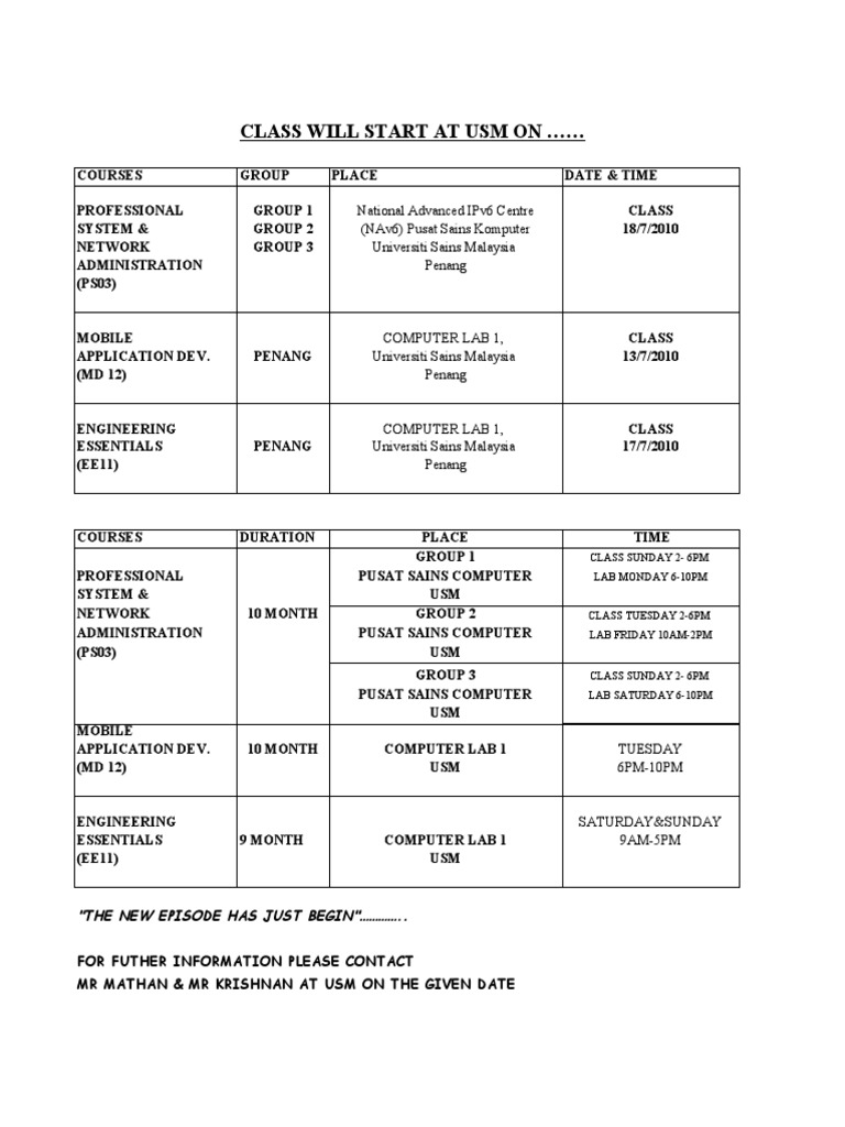USM Course Schedule and Details 2010 | PDF