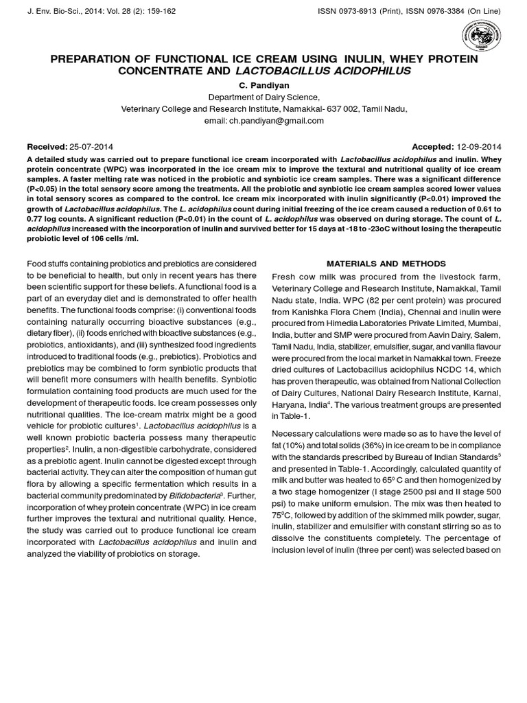Preparation of Functional Ice Cream Using Inulin, Whey Protein PDF Probiotic Nutrition