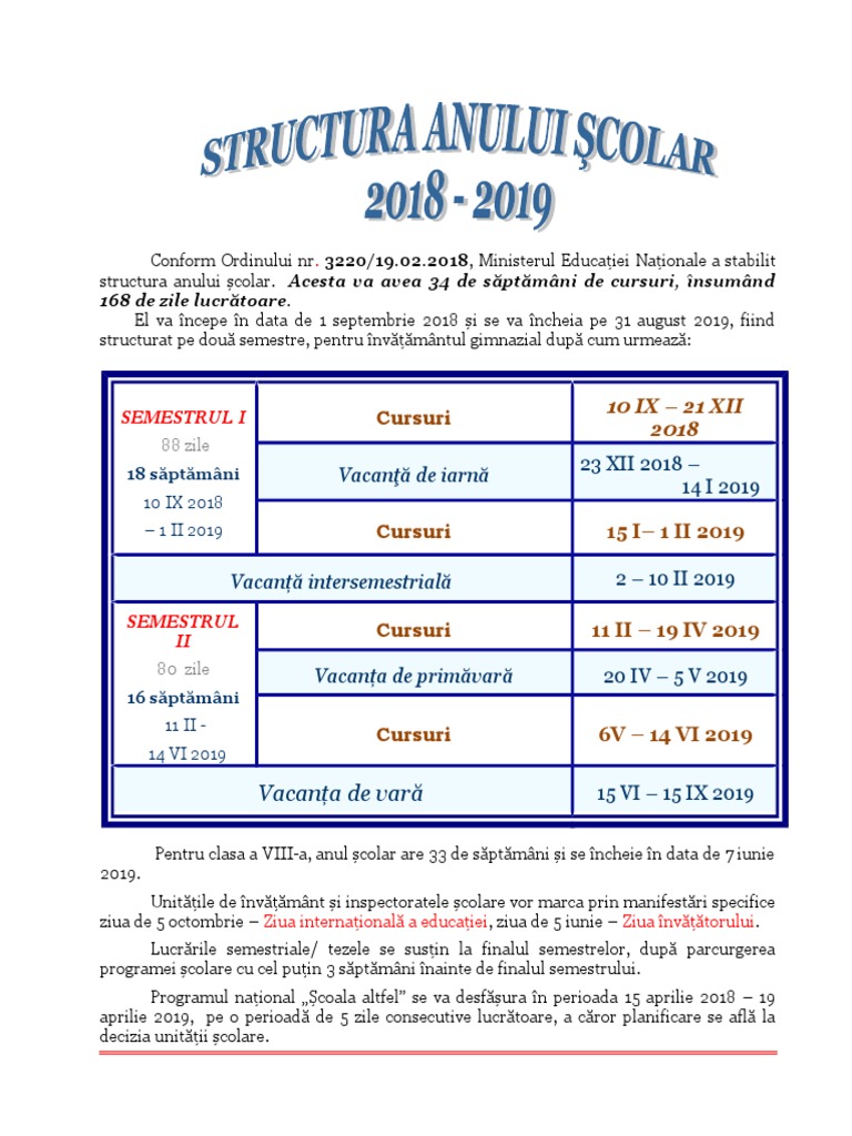 Structura An Scolar Calendar 2018 2019