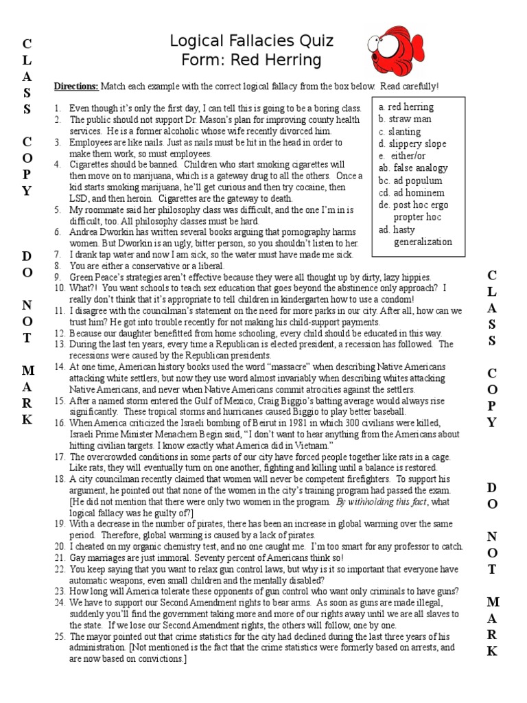 Logical Fallacies Quiz With Answers  PDF  Fallacy  Second With Regard To Logical Fallacies Worksheet With Answers