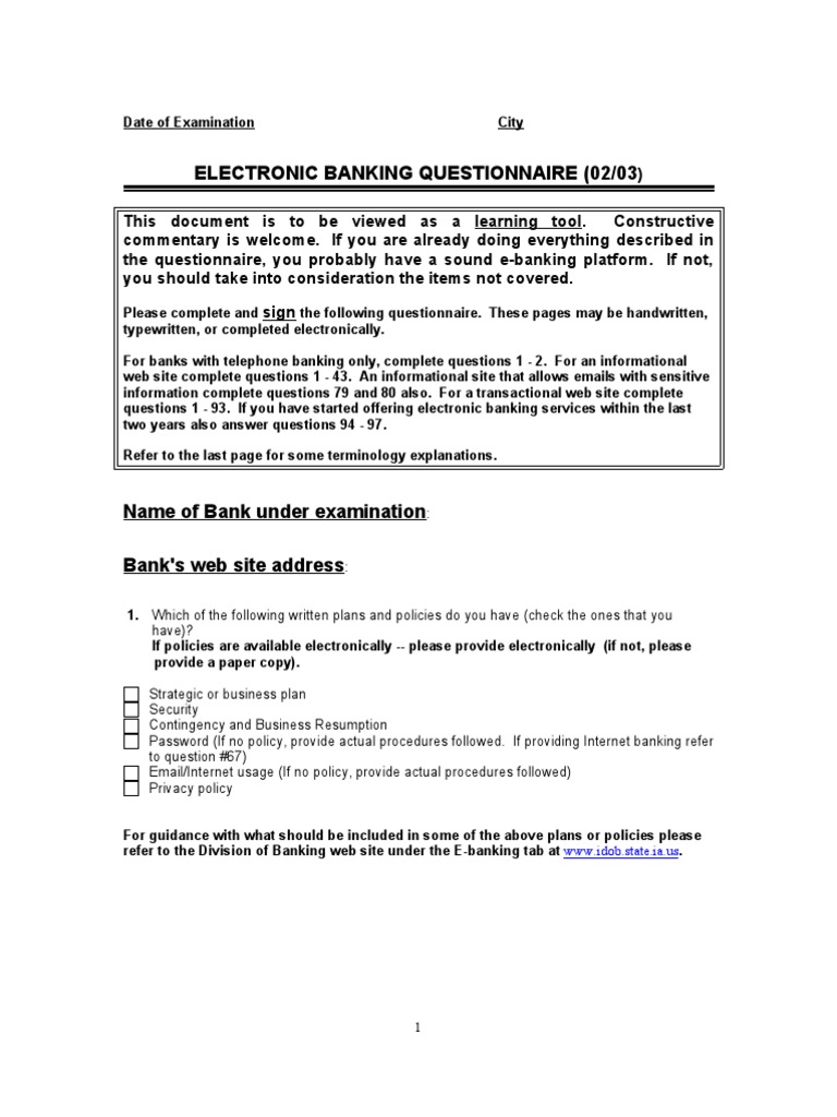 Electronic Banking Questionnaire Online Banking Banks & Banking