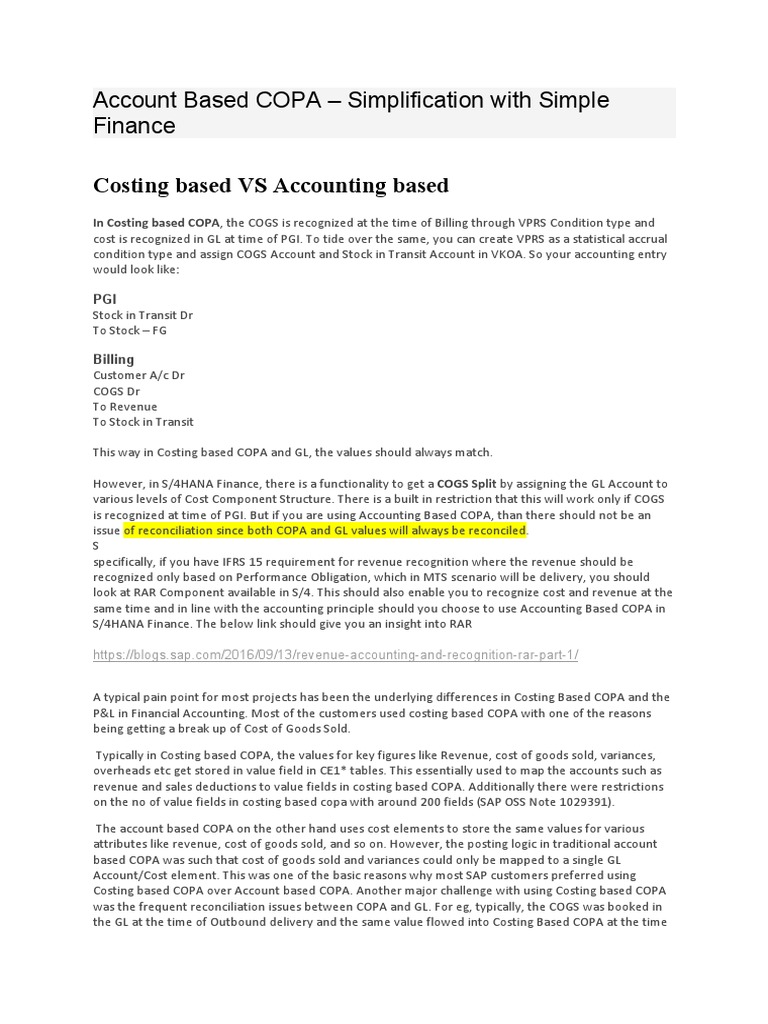 Account-Based COPA in S/4HANA Finance | PDF | Cost Of Goods Sold ...