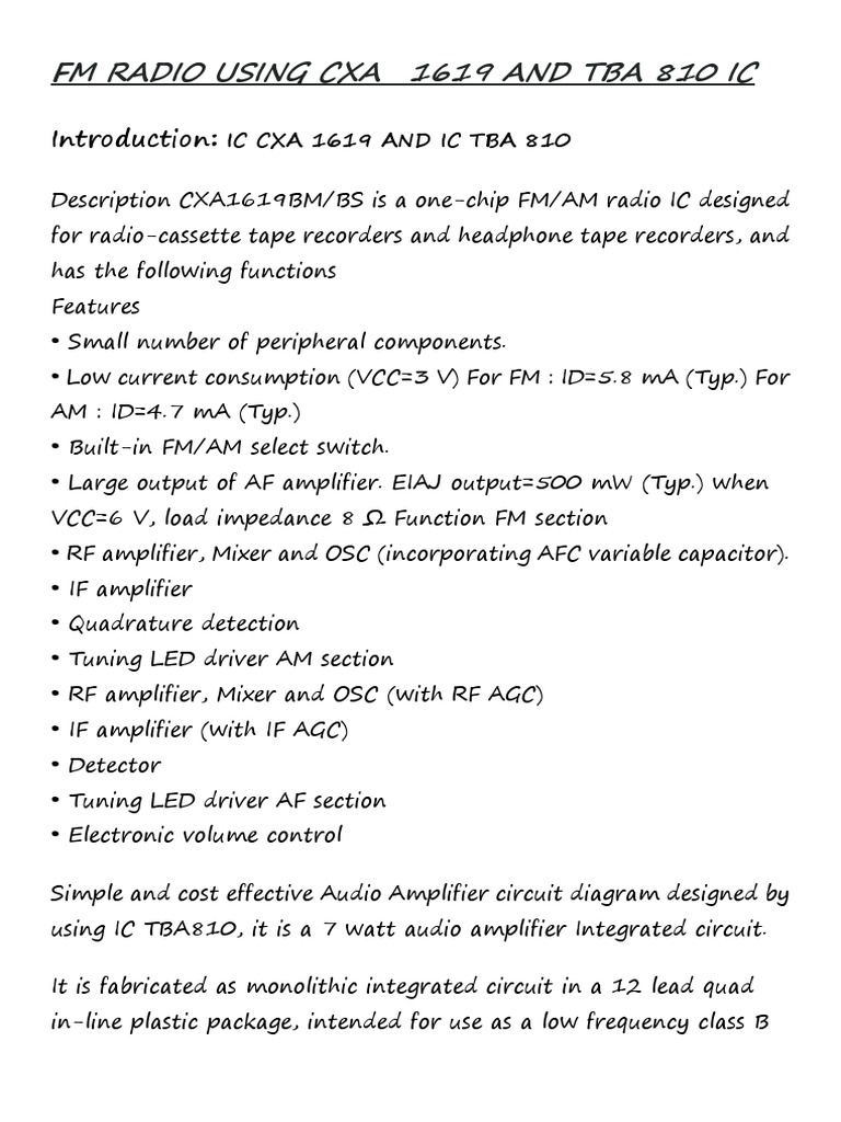 FM Radio Using Cxa 1619 and Tba 810 Ic PDF