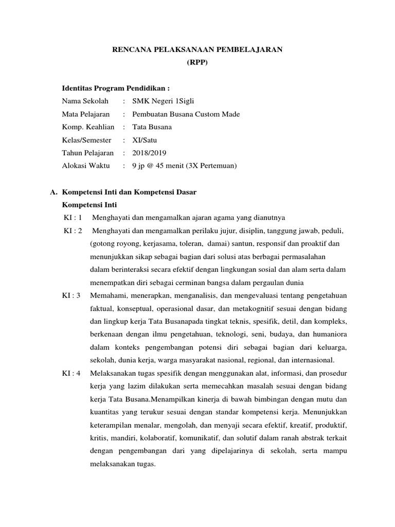 RPP Pembuatan Jas Custom di SMK | PDF | Seni | Sains & Matematika