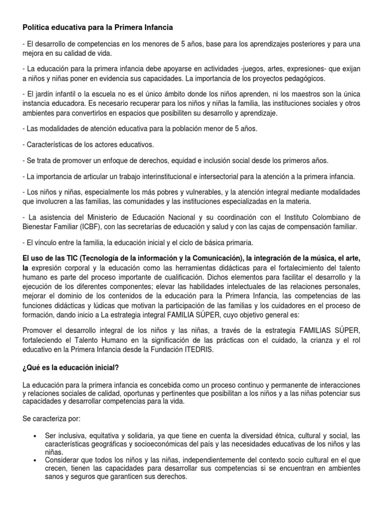 Política Educativa para la Primera Infancia | PDF | Educación de la ...