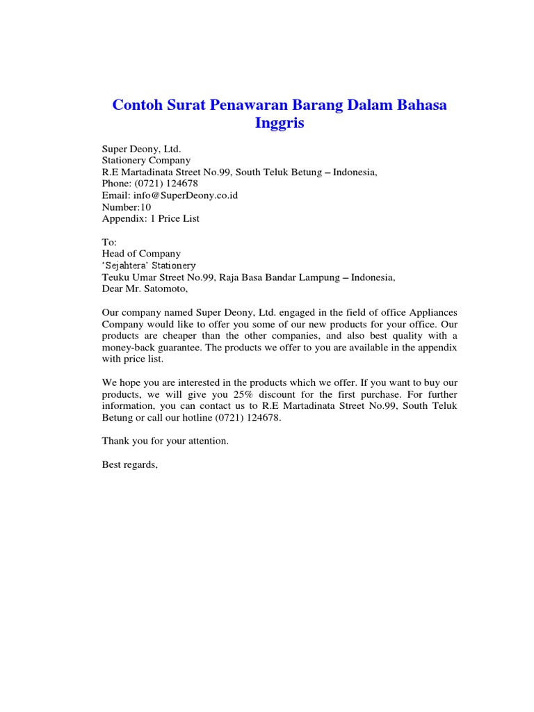 Contoh Surat Penawaran Barang Dalam Bahasa Inggris Pdf
