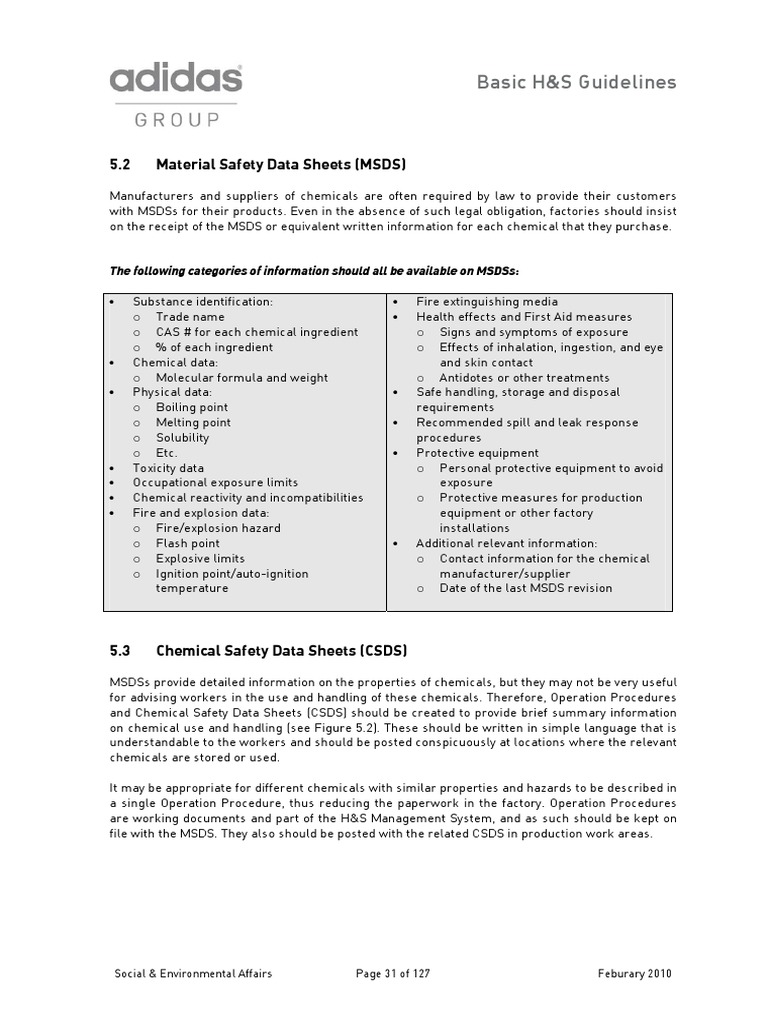 Basic H&S Guidelines 5.2 A Sheets (MSDS) Material Safety Dat PDF Chemistry Occupational
