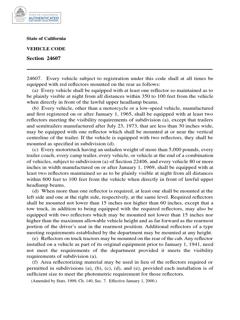 Section 24607 State of California Vehicle Code PDF Headlamp Truck