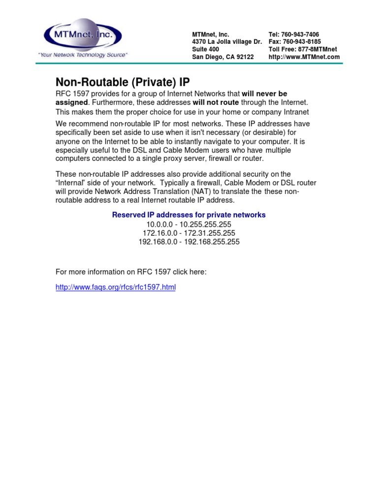 Non-Routable IP Addresses Explained | PDF