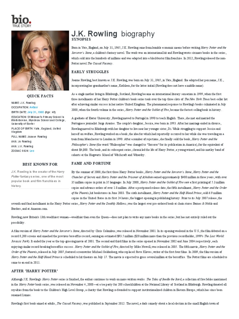 J K Rowling Biography J K Rowling Harry Potter