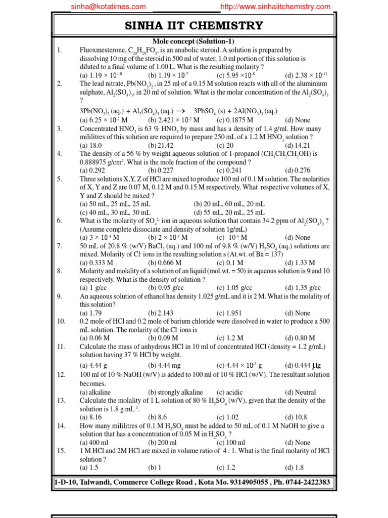 Chemistry Solutions and Molarity Problems | PDF | Mass Concentration ...