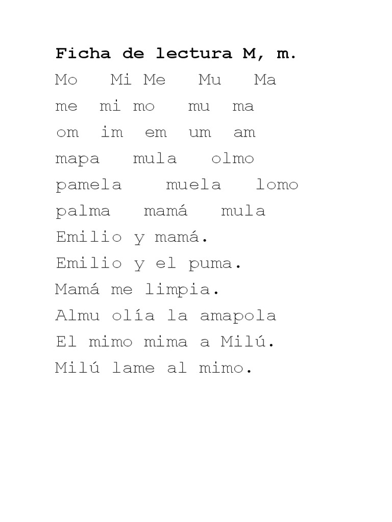 Ficha de Lectura: Letras M y S | PDF | Artes del Lenguaje y Comunicación