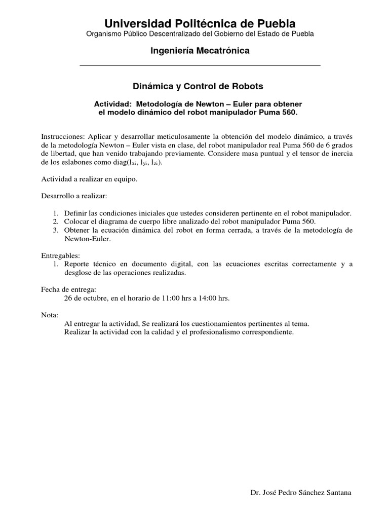 Inmoralidad escalada Soleado Newton Euler Puma 560 | PDF