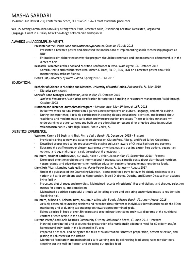 Nutrition & Dietetics Resume | PDF | Dietitian | Foods