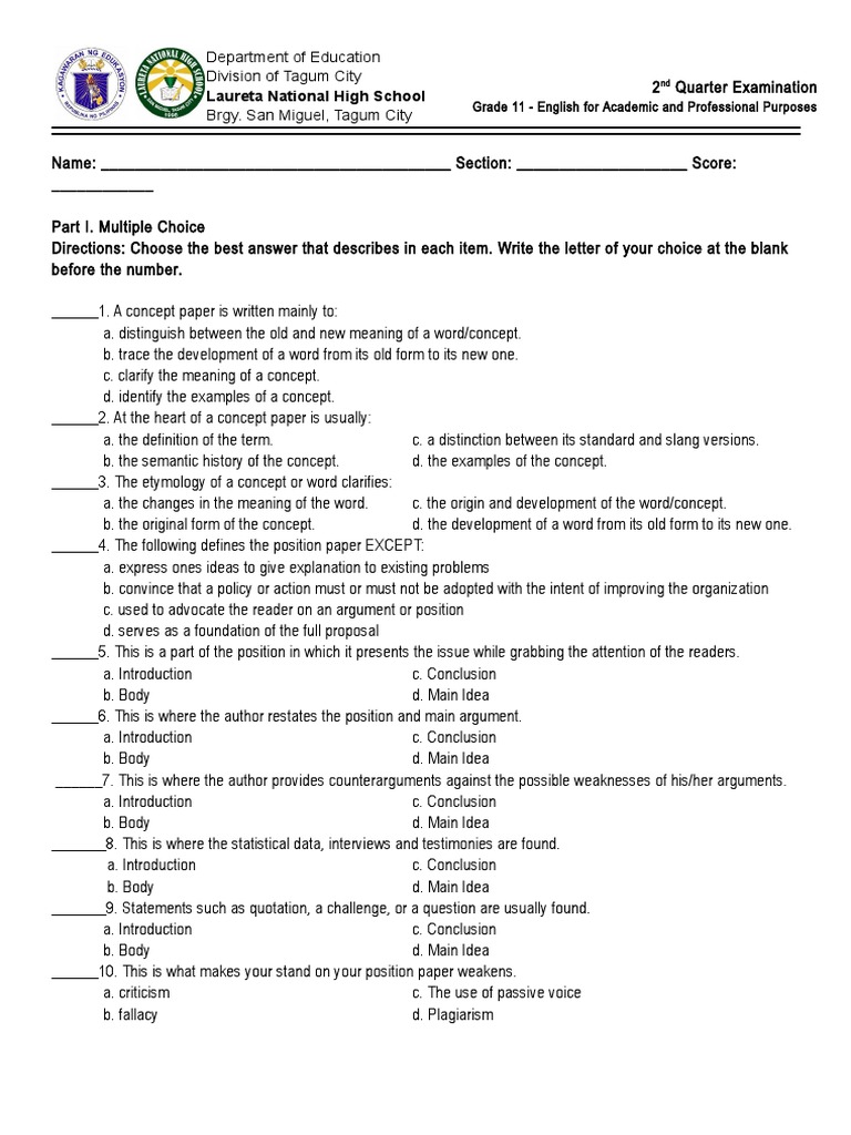 2nd Quarter ExamEAPP PDF Chart Word
