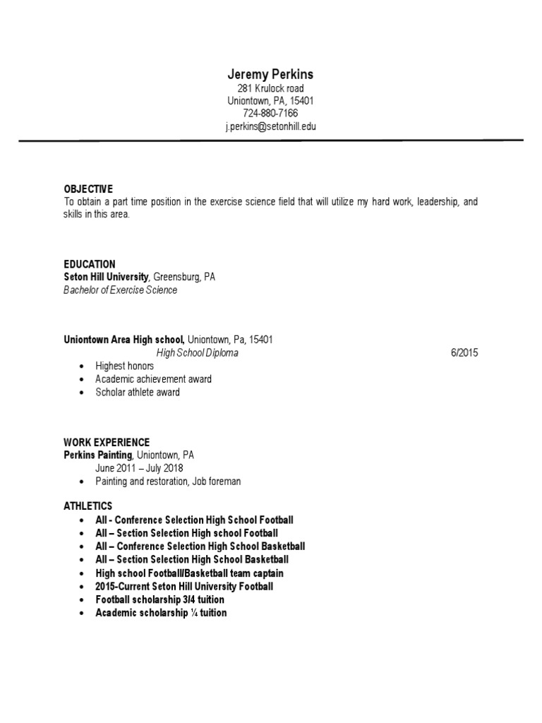 Exercise Science Resume of Jeremy Perkins | PDF