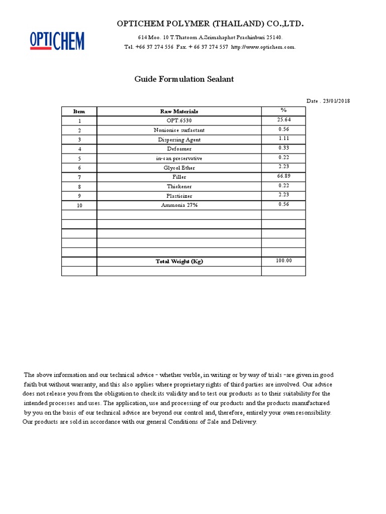 Guide Formulation Sealant of 6530 PDF