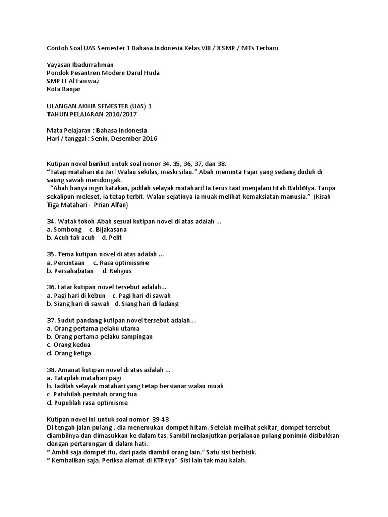 18+ Contoh Soal Bahasa Indonesia Tentang Watak Tokoh - Kumpulan Contoh Soal