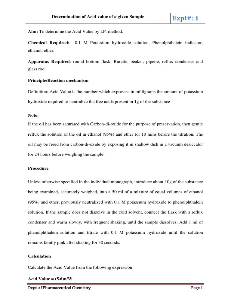 01 - Determination of Acid Value | PDF | Titration | Chemistry