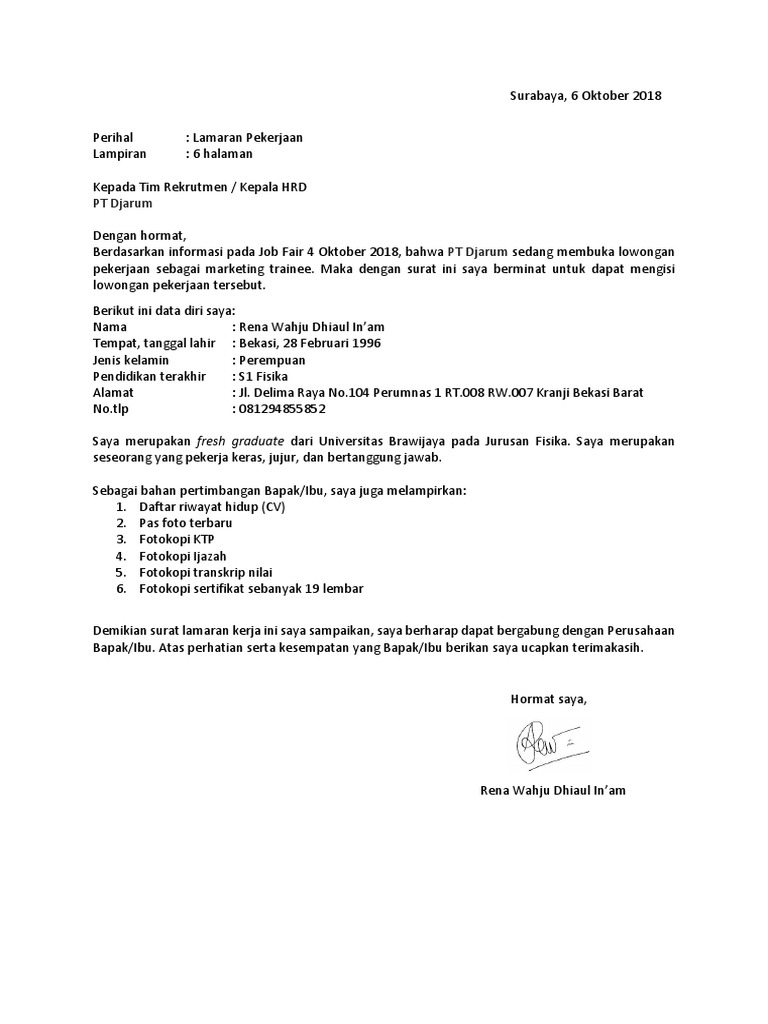 Contoh Surat Lamaran Kerja Di Job Fair
