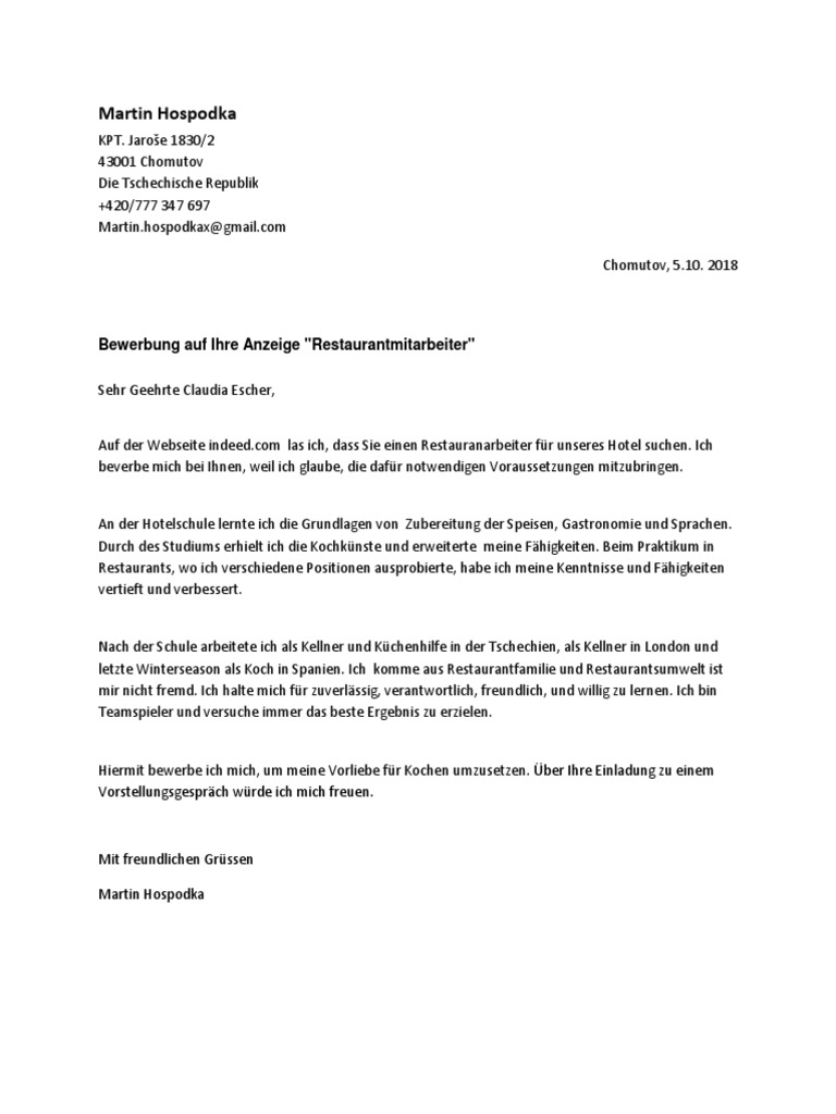 Martin Hospodka Bewerbung Auf Ihre Anzeige Restaurantmitarbeiter