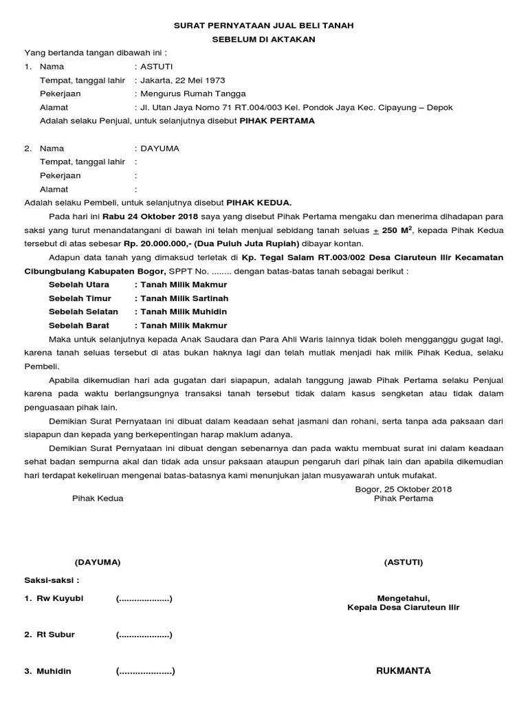 Akta Jual Contoh Surat Jual Beli Tanah Sebelum Diaktakan Nusagates